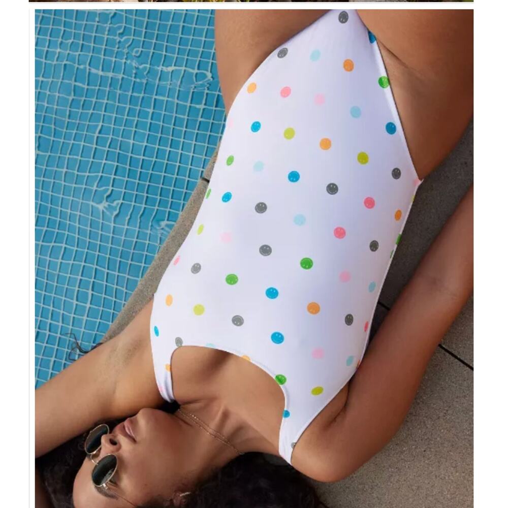 AERIE Women's One Piece Swimsuit XS White Smiley Face Babewatch Cheekiest NWT - Picture 2 of 8